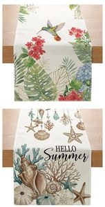 Detail of floral and ocean themed table runners showing hummingbird and shell patterns