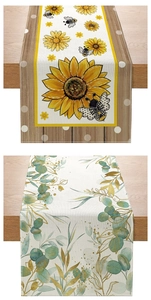 Detailed view of sunflower and eucalyptus patterns on durable linen table runners