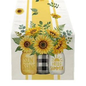 Linen table runner with sunflower print, lemon accents and Hello Summer mason jar design