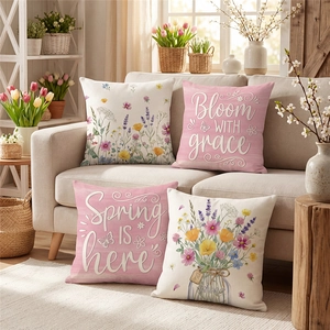 Housse de Coussin Aquarelle Fleurs Printanières Aspect Lin Polyester Bloom With Grace Décor Salon Chambre