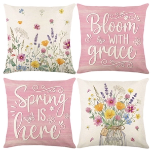 Lot de 4 housses de coussin en coton et lin avec fleurs et lettres roses et beige