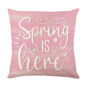 Housse de coussin rose carrée avec impression Spring is Here sur tissu aspect lin