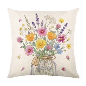 Housse de coussin en coton lin avec illustration florale de printemps sur blanc