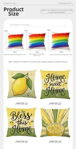 Size guide for lemon print pillow covers showing 40cm, 45cm and 50cm square dimensions