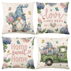 Pastoral Style Hydrangea Gnome Floral Butterfly Print Linen Look Polyester Cushion Covers For Sofa Couch Home Decor