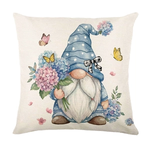 Pastel watercolor gnome and hydrangea print on cream linen-textured throw pillow cover