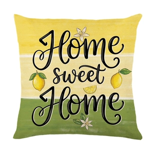 Square lemon series cushion cover with Home Sweet Home print on striped linen background