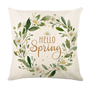 Deko-Kissenbezug aus Leinen mit Gänseblümchen-Kranz und 'HELLO Spring' Aufdruck