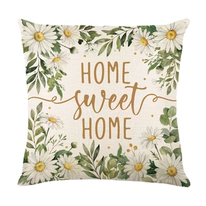 Quadratischer Kissenbezug Home Sweet Home mit Gänseblümchen-Muster auf Leinen