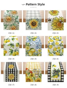 Selection of table runners featuring sunflower and lemon patterns with grid backgrounds