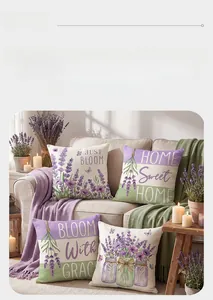 Lavender flower and home sweet home print linen pillow cases on a sofa setup