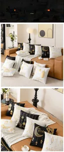 Detail of gold foil moon and star patterns on Ramadan plush cushion covers