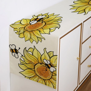 Pastoral table runner with sunflower and honey bee print on beige linen fabric
