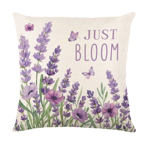 Lavender flower and butterfly print linen throw pillow cover with Just Bloom text on white