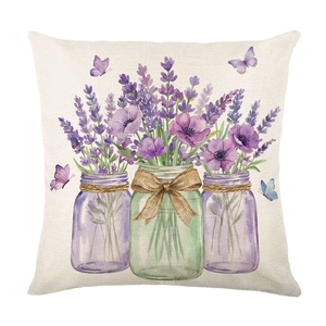 Lavender flower watercolor pattern linen square throw pillow cover with butterflies
