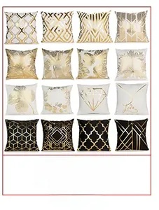 Detail of Nordic oil painting style cushion covers with gold foil geometric patterns