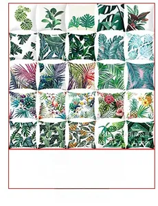 Detailed catalog of 20 tropical green leaf and flamingo print square pillowcase designs