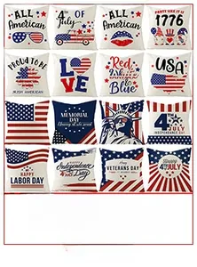 Detailed grid of July 4th Independence Day peach skin pillow covers with patriotic prints