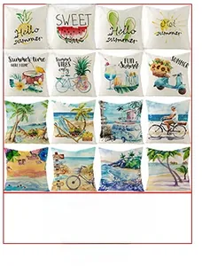 Macro detail of 16 assorted summer ocean themed peach skin fabric pillowcase prints