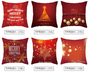 Sechs rote Weihnachtskissenbezüge mit goldenen Weihnachtsbäumen und Schneeflockenmotiven