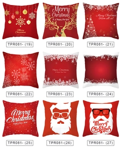 Set aus neun roten Weihnachts-Kissenbezügen mit Weihnachtsmann, Rentier- und Schneeflockenmotiven