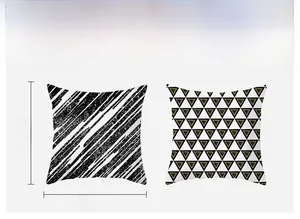 Detail of 45x45cm square pillow case with geometric abstract pattern and dimensions