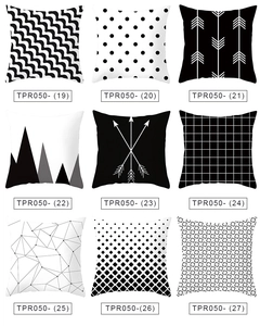 Grid view of nine black and white geometric pattern pillowcases in modern minimalist style