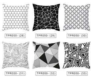 Detailed grid showing six modern black and white geometric pattern pillow covers