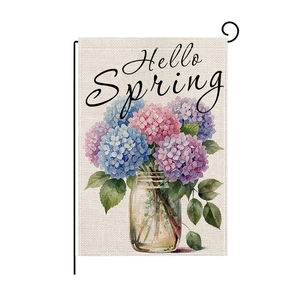 Linen garden flag with Hello Spring floral watercolor print and black metal stand