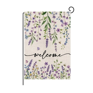 Linen garden flag with welcome text and watercolor lavender floral design