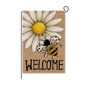 Garden flag with white daisy and bee design on burlap texture for outdoor decoration