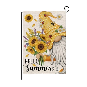 Linen garden flag featuring a gnome with sunflowers and Hello Summer greeting