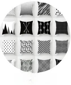 Macro display of assorted black and white geometric pattern pillow covers in grid layout