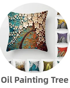 Close-up of 3D oil painting tree texture on multi-color cushions for home decor