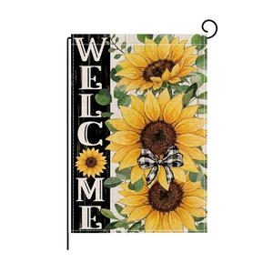 Vertical linen garden flag with sunflowers and buffalo plaid bow with Welcome text