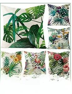 Detail showing various tropical patterns including monstera leaves and flamingos on covers
