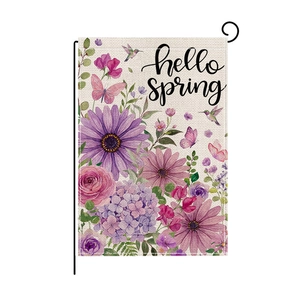 Hello Spring garden flag with purple hydrangeas and metal hook stand for outdoor decor