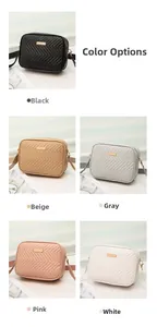 Collage of quilted crossbody bags in black, khaki, grey, pink, and white with gold hardware