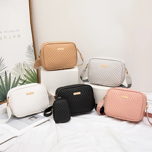 Women Chevron Quilted Crossbody Bag And Mini Pouch With Detachable Wide Strap PU Leather Minimalist Fashion Camera Bag