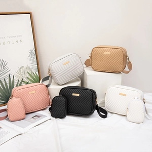 Quilted V-pattern crossbody bag set for women in pink, grey, khaki, black and white colors