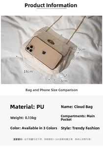 Quilted beige PU chain bag size comparison 18x12.5x3cm showing phone scale and dimensions