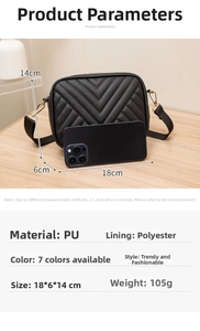 Detailansicht der schwarzen gesteppten PU-Tasche mit Größenangaben von 18x6x14cm