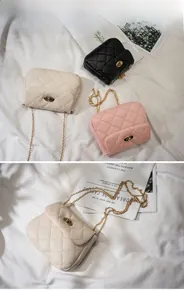 Close-up of quilted pattern and gold twist lock on fashion chain bags in three colors