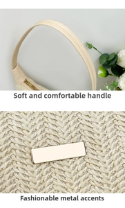 Detail van leren riem en gouden hardware op de beige geweven bucket bag