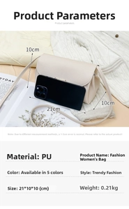 Detail view of beige pebbled leather crossbody bag showing size 21x10x10cm with internal capacity