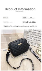 Close-up of black quilted crossbody bag with gold buckle and size 18.5x14x6cm specifications