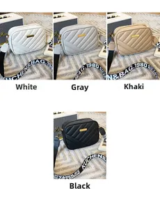 Quilted crossbody bags in four colors with wide lettered straps and metal logos