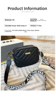 Detailed dimensions of black quilted crossbody bag with a stylish wide woven strap
