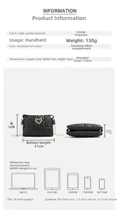 Size information and dimensions chart for black quilted envelope bag with gold chain strap