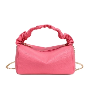 Pink lychee grain leather cylinder bag with ruched handle and golden chain strap